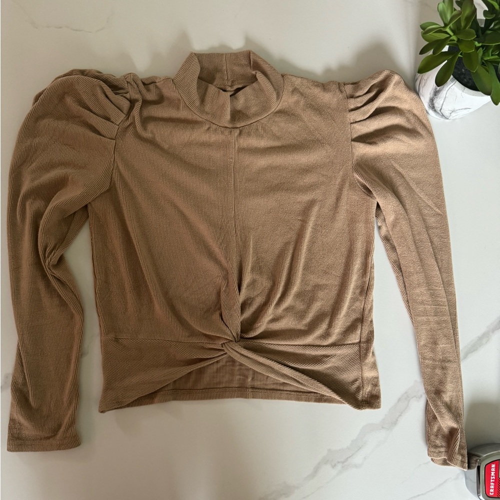 Tan Ribbed Turtle Neck with Puff Shoulder Sleeve Medium
